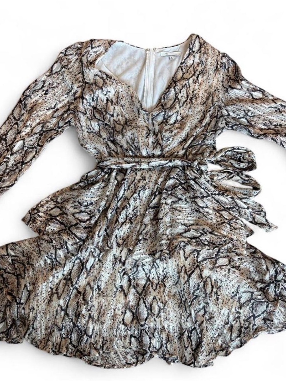 The clothing company Snake-Print Long Sleeve Wrap Dress in Brown and Cream